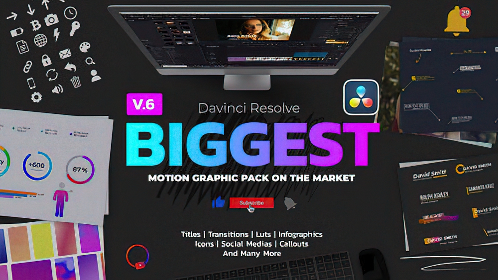 达芬奇模板:1200款后期剪辑常用转场标题动态排版图形FX元素元素 Motion Graphic Pack for Davinci Resolve(0073)