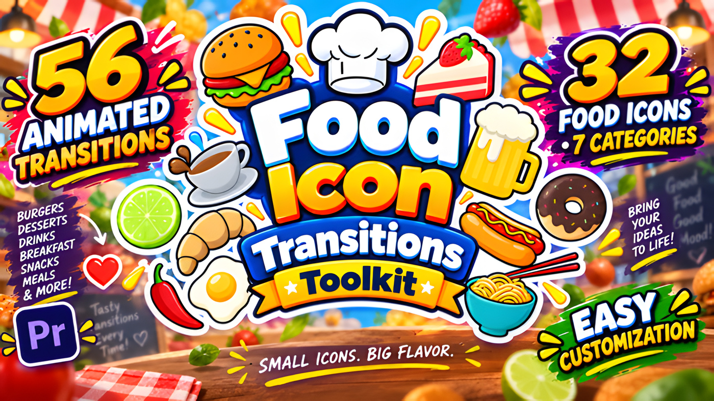 PR模板彩色美食图标56款转场餐饮视频Food Icon Transitions 0277
